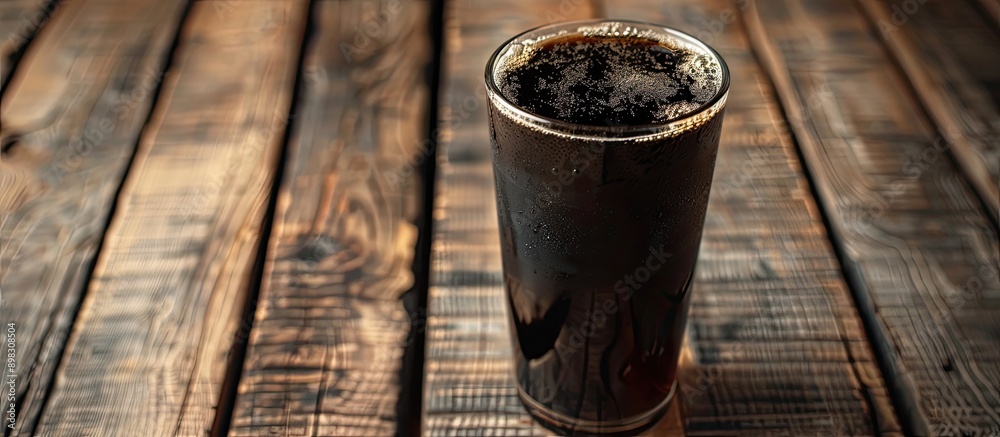 A black drink in a glass cup is placed on a wooden floor with space for text or images in the background. Creative banner. Copyspace image A black drink in a glass cup is placed on a wooden floor with space for text or images in the background. Creative banner. Copyspace image