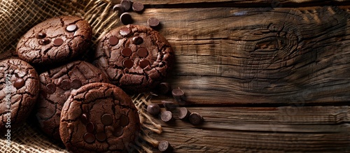 Chocolate cookies displayed on a wooden table against a textile background with space for additional images