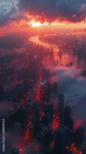 Aerial View of City at Sunset