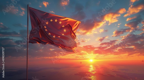 European Flag Flying Before Sunset