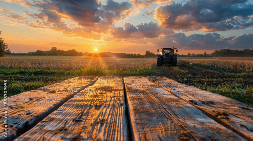 Wooden Table With Tractor in Background Wooden Table With Tractor in Background