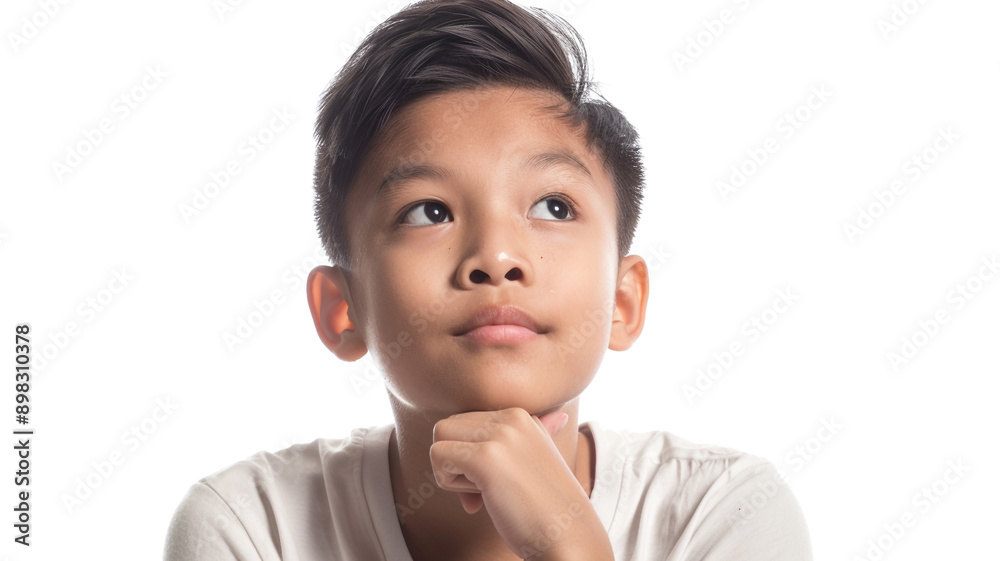 Cute asian boy thinking with hand on chin isolated on white background Cute asian boy thinking with hand on chin isolated on white background