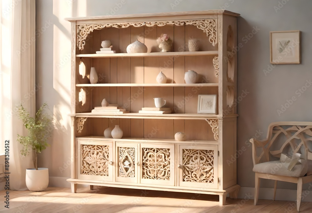 corner of the room against window, beautiful decoration of the room, modern theme, wooden wardrobe with shelves