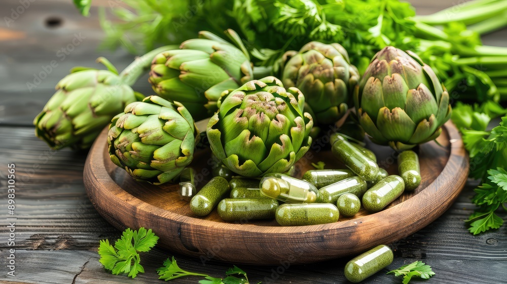 Obraz premium Artichoke capsules and supplements. Selective focus.