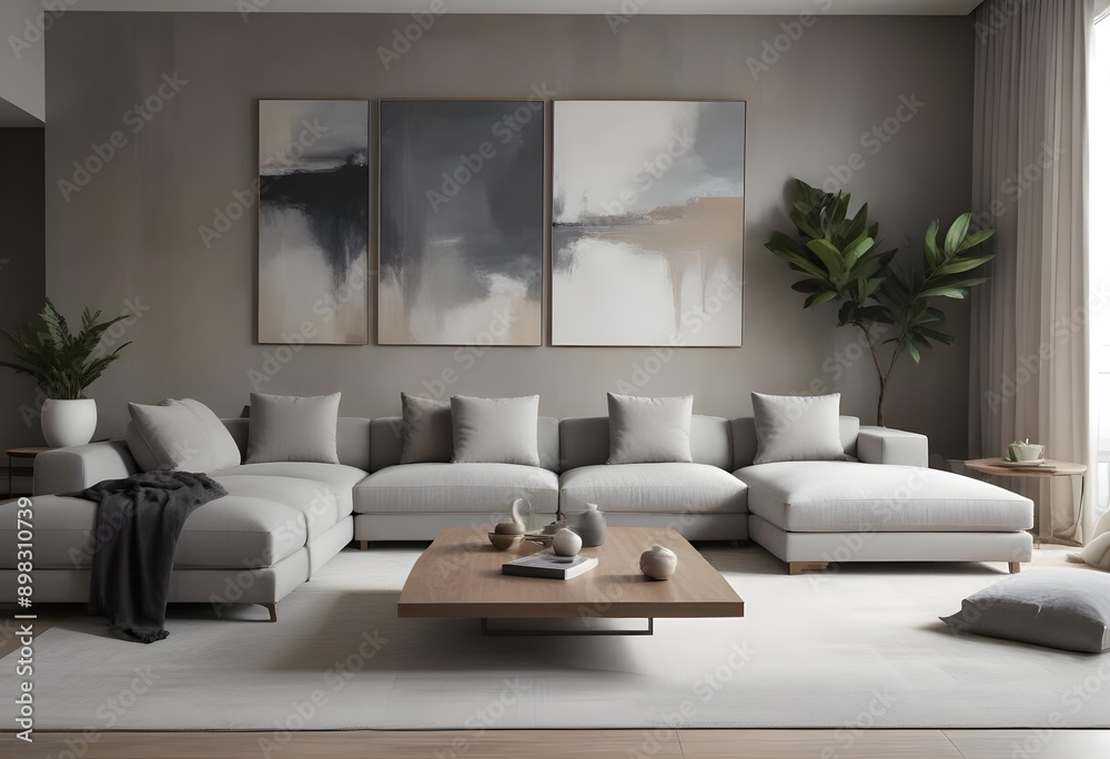 Fototapeta premium Mockup poster frame on the wall of the living room. Luxurious apartment background with contemporary design. Modern interior design. 3D render