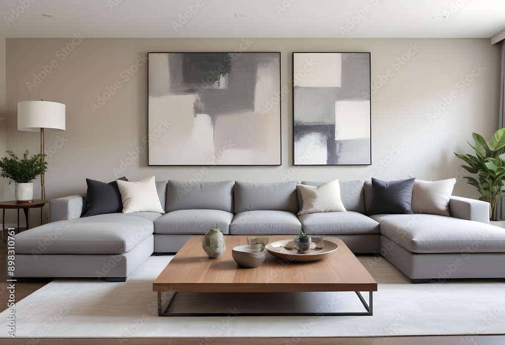 Fototapeta premium Mockup poster frame on the wall of the living room. Luxurious apartment background with contemporary design. Modern interior design. 3D render