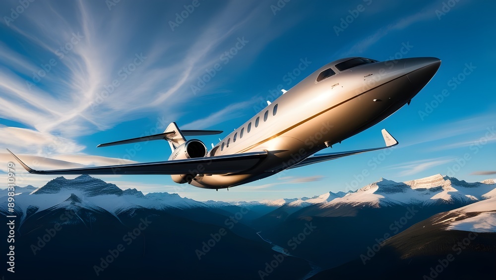 Dramatic low angle view of a sleek silver aircraft.generative.ai 