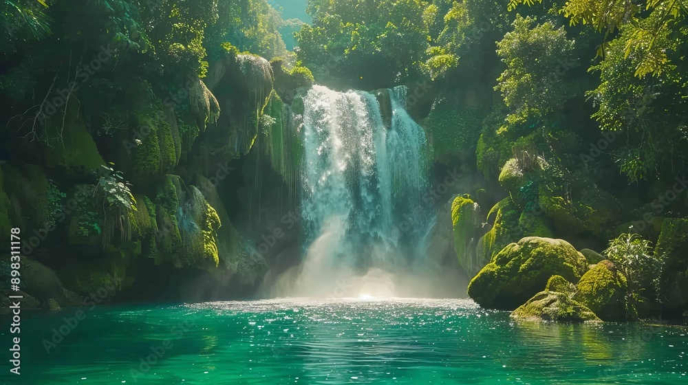 A tranquil body of water featuring a central waterfall encircled by verdant trees A tranquil body of water featuring a central waterfall encircled by verdant trees