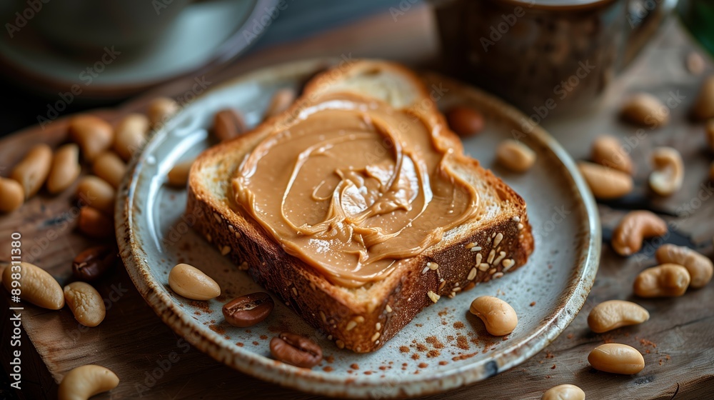 Peanut Butter Toast With Cashews on a Rustic Wooden Table Peanut Butter Toast With Cashews on a Rustic Wooden Table