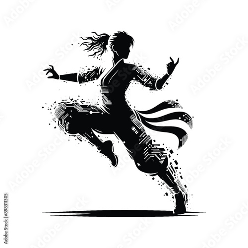kungfu, Tai Chi  female player in cyberpunk pattern illustration, emblem shield badge
