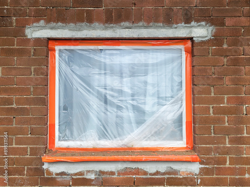House renovation - brick built 1960's house with new lintel over window and plastic protection over window.