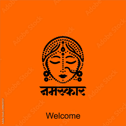 Welcome gesture Indian greeting banner in Namaste mudra on insulated background in vector. Hand drawn Boho or Mehndi Henna Tattoo style frame on a teal