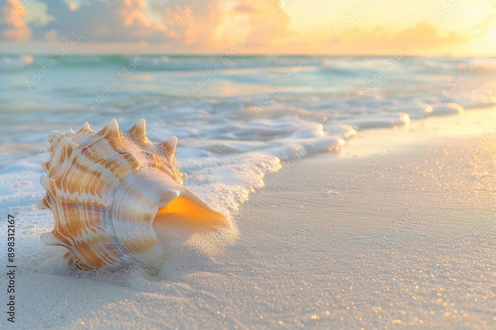 iridescent spiral seashell nestled in pristine white sand kissed by gentle ocean waves soft pastel sunrise casts a warm glow on the serene beach scene iridescent spiral seashell nestled in pristine white sand kissed by gentle ocean waves soft pastel sunrise casts a warm glow on the serene beach scene