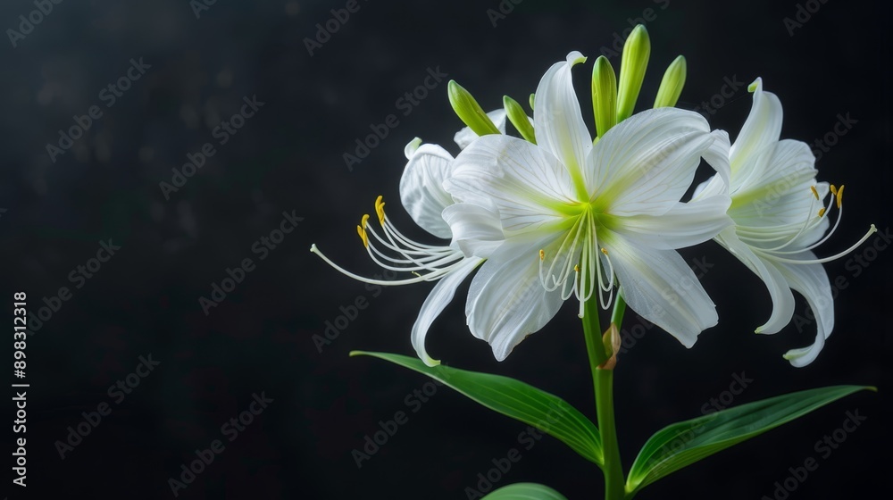 A white flower with green leaves in the foreground, against a black background A white flower with green leaves in the foreground, against a black background
