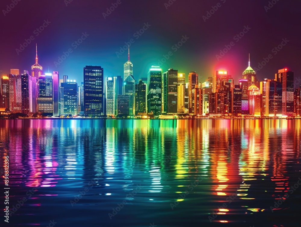 Fototapeta premium Urban scenery at dusk with skyscrapers and boats