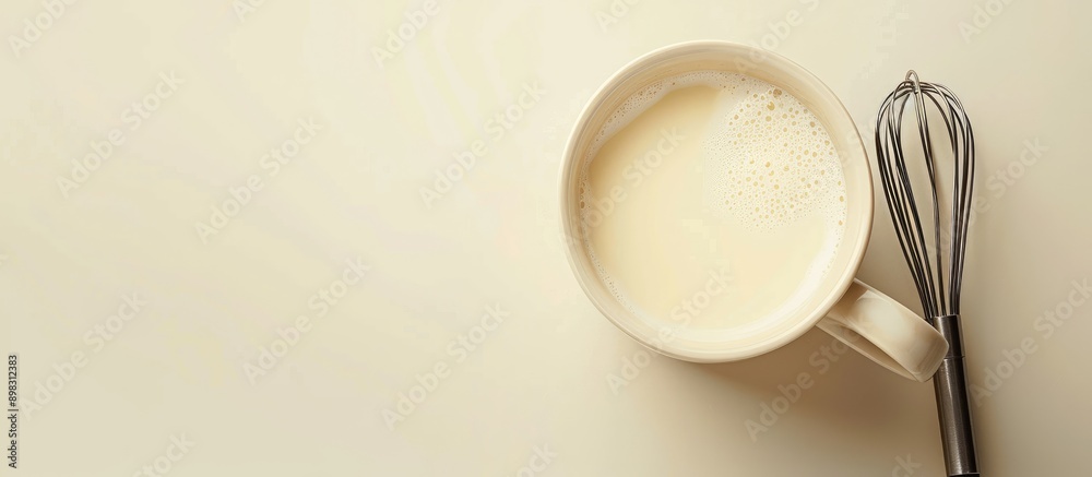 A cup with milk and a whisk beside it with copy space image A cup with milk and a whisk beside it with copy space image
