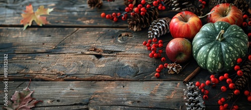 An autumn themed table decoration featuring snowberries rowan berries a green pumpkin apples and cones arranged on a rustic wooden surface with space for additional images photo