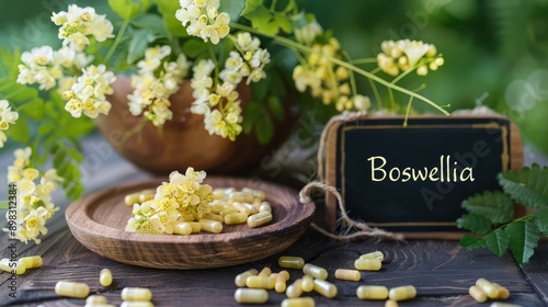 Boswellia and supplement capsules. Selective focus. photo