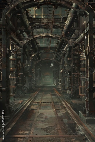 Industrial Revolution. Iron girders, rivets, and steam pipes, with an industrial-era aesthetic. The center is a blank factory floor, with hints of machinery in the shadows.