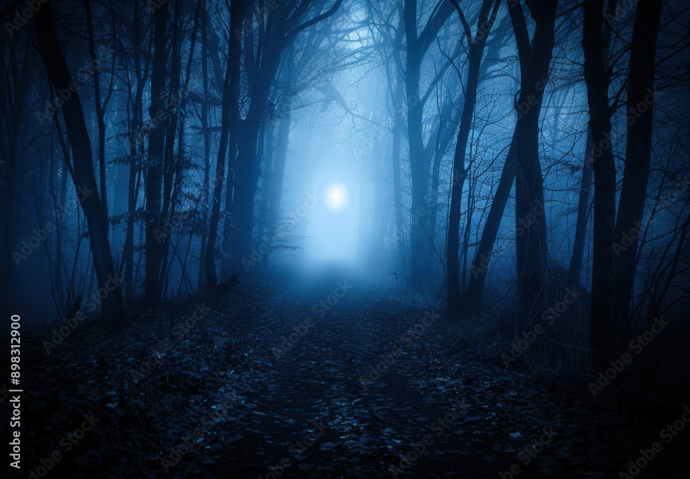 Fototapeta premium A foggy, dark forest path illuminated by a bright, full moon in a mystical blue atmosphere.