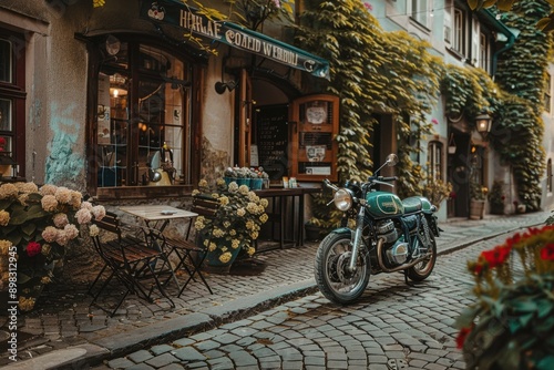 Fototapeta Naklejka Na Ścianę i Meble -  A vintage cafe racer motorcycle parked outside a quaint coffee shop on a cobblestone street