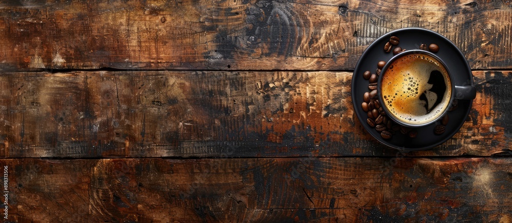Top view of a black cup of hot coffee with cream and beans placed on a brown weathered wooden board with rustic style and copy space image available Top view of a black cup of hot coffee with cream and beans placed on a brown weathered wooden board with rustic style and copy space image available