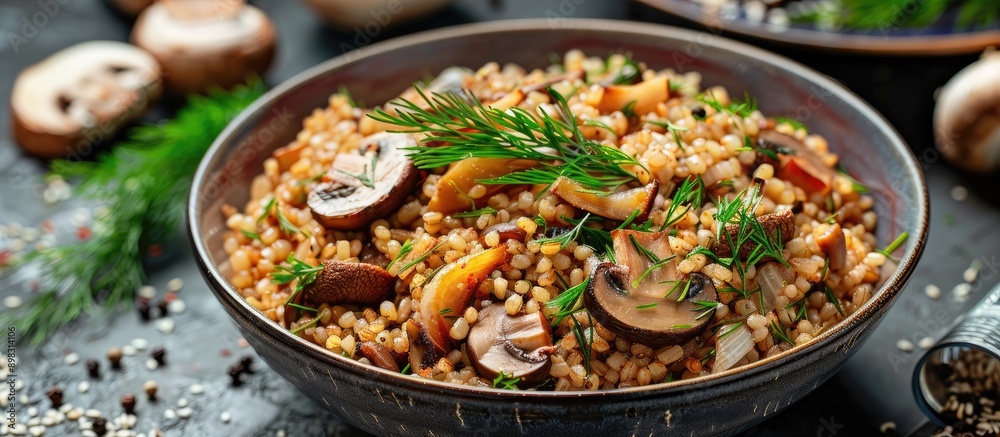 Close up of a bowl with flavorful Arabic bulgur stewed with mushrooms onions dill and cumin Perfect for vegans and vegetarians Copy space image provided Close up of a bowl with flavorful Arabic bulgur stewed with mushrooms onions dill and cumin Perfect for vegans and vegetarians Copy space image provided