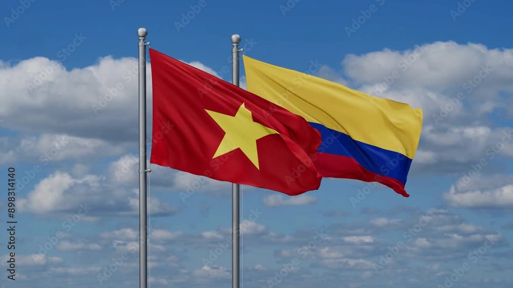Colombia and Vietnam flags flying together, video concept of the relationship, two country cooperation concept Colombia and Vietnam flags flying together, video concept of the relationship, two country cooperation concept