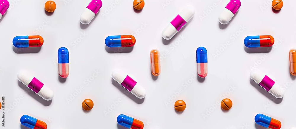 Colorful antibiotic capsules arranged neatly against a white backdrop providing ample copy space for text epitomizing the Pharmaceutical Wallpaper concept Colorful antibiotic capsules arranged neatly against a white backdrop providing ample copy space for text epitomizing the Pharmaceutical Wallpaper concept
