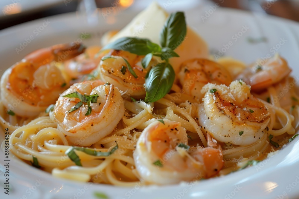 A dish of seafood pasta, with linguine, shrimp, scallops, and a garlic white wine sauce, garnished with grated Parmesan and basil. A dish of seafood pasta, with linguine, shrimp, scallops, and a garlic white wine sauce, garnished with grated Parmesan and basil.