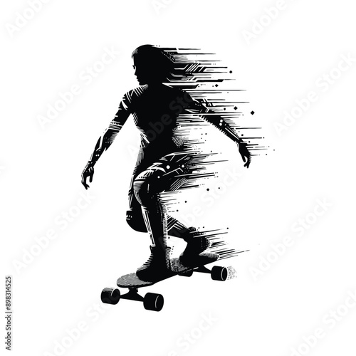 Skateboarding, longboarding  female player in cyberpunk pattern illustration, emblem shield badge