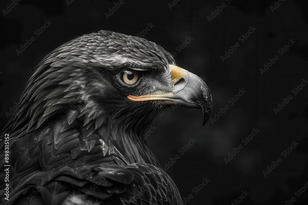 majestic golden eagle portrait fierce eyes and intricate feather detail in dramatic black and white contrast dark background enhancing regal presence majestic golden eagle portrait fierce eyes and intricate feather detail in dramatic black and white contrast dark background enhancing regal presence