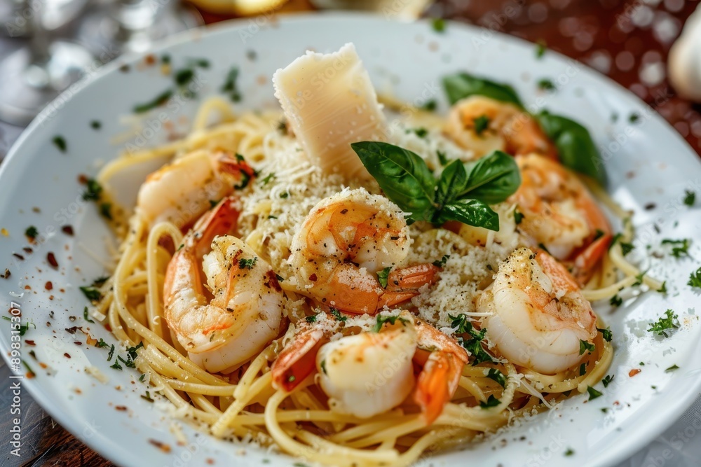 A dish of seafood pasta, with linguine, shrimp, scallops, and a garlic white wine sauce, garnished with grated Parmesan and basil. A dish of seafood pasta, with linguine, shrimp, scallops, and a garlic white wine sauce, garnished with grated Parmesan and basil.
