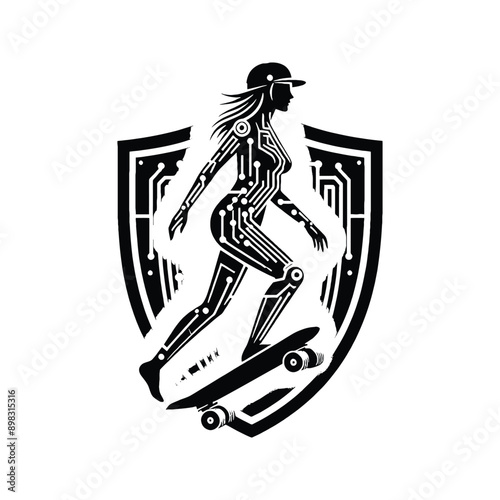 Skateboarding, longboarding  female player in cyberpunk pattern illustration, emblem shield badge