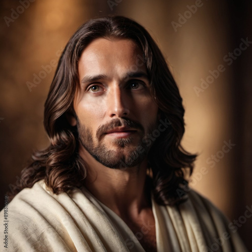 Portrait of a Man Dressed as Jesus. White robe. Long brown hair and beard. Man appears to be in his early 30s, and he has a serious expression on his face. Christian religion and faith. AI