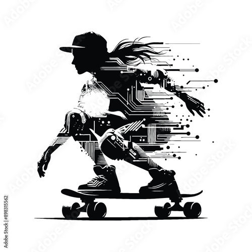 Skateboarding, longboarding  female player in cyberpunk pattern illustration, emblem shield badge