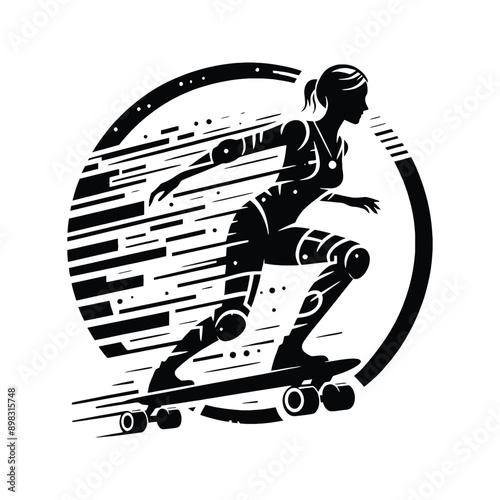 Skateboarding, longboarding  female player in cyberpunk pattern illustration, emblem shield badge
