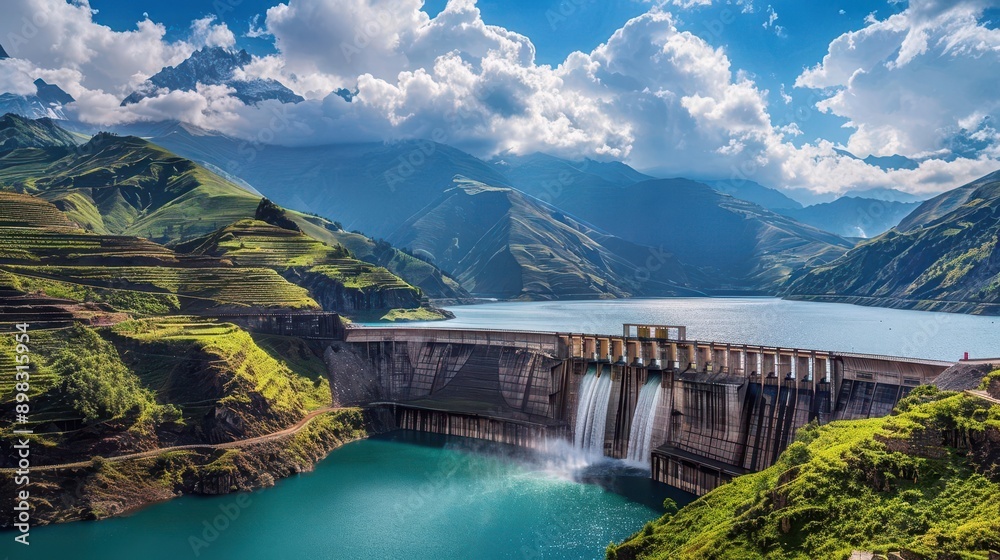 majestic hydroelectric dam nestled in a lush green valley generating clean energy while creating a serene lake emphasize the balance between human engineering and natural beauty majestic hydroelectric dam nestled in a lush green valley generating clean energy while creating a serene lake emphasize the balance between human engineering and natural beauty