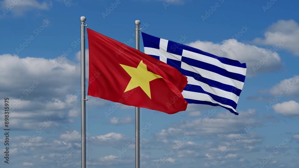 Greece and Vietnam flags flying together, video concept of the relationship, two country relations concept Greece and Vietnam flags flying together, video concept of the relationship, two country relations concept