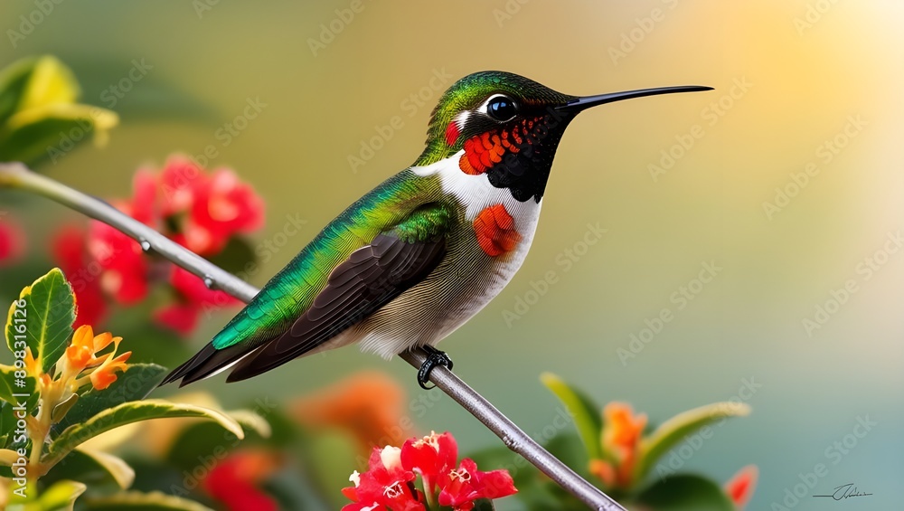 Fototapeta premium A vibrant male Rufous Hummingbird with iridescent orange.generative.ai 
