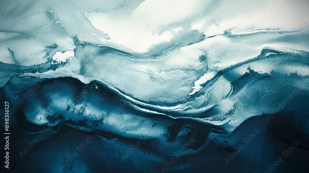 Fototapeta premium Watercolor painting featuring a dreamy, textured background. An abstract fluid art piece featuring swirling blue and white colors, evoking a sense of oceanic movement and modern artistry