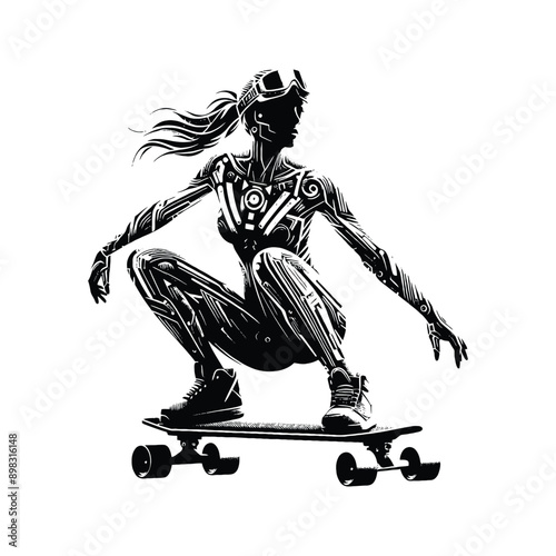Skateboarding, longboarding  female player in cyberpunk pattern illustration, emblem shield badge