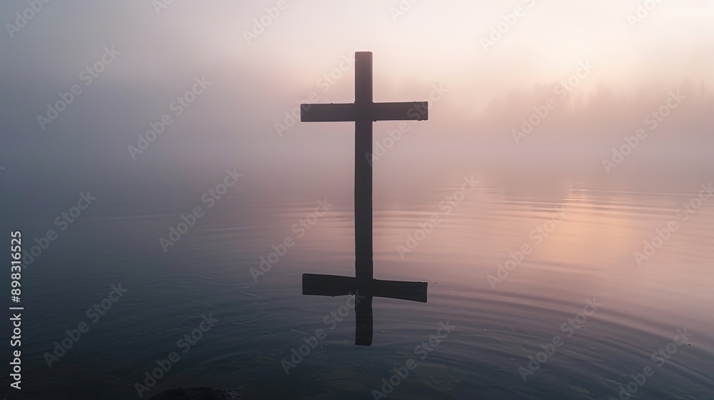Solitary Cross Over Misty Water at Dawn Solitary Cross Over Misty Water at Dawn