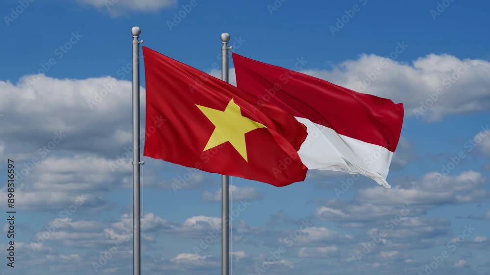 Indonesia and Vietnam flags flying together, video concept of the relationship, two country relations concept Indonesia and Vietnam flags flying together, video concept of the relationship, two country relations concept