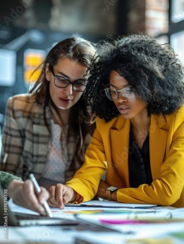 Two women sit at a table with a laptop, focusing on their work