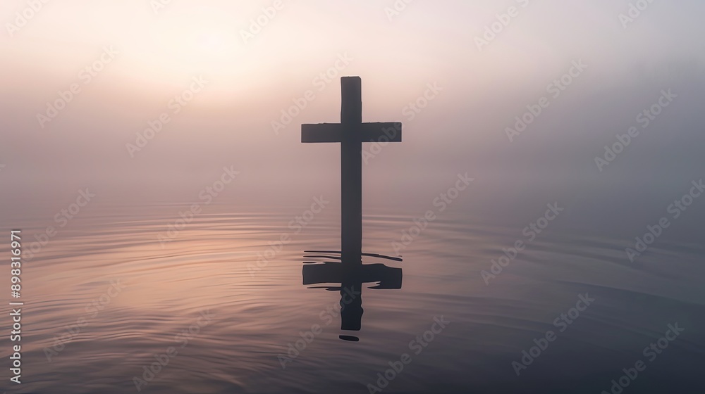 Solitary Cross Over Misty Water at Dawn Solitary Cross Over Misty Water at Dawn