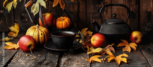 Autumn themed arrangement featuring fall elements like pumpkins apples and yellow leaves alongside a black teapot and cup on a dark wooden backdrop perfect for an autumnal tea with a copy space image photo