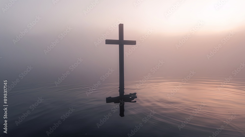 Solitary Cross Over Misty Water at Dawn Solitary Cross Over Misty Water at Dawn