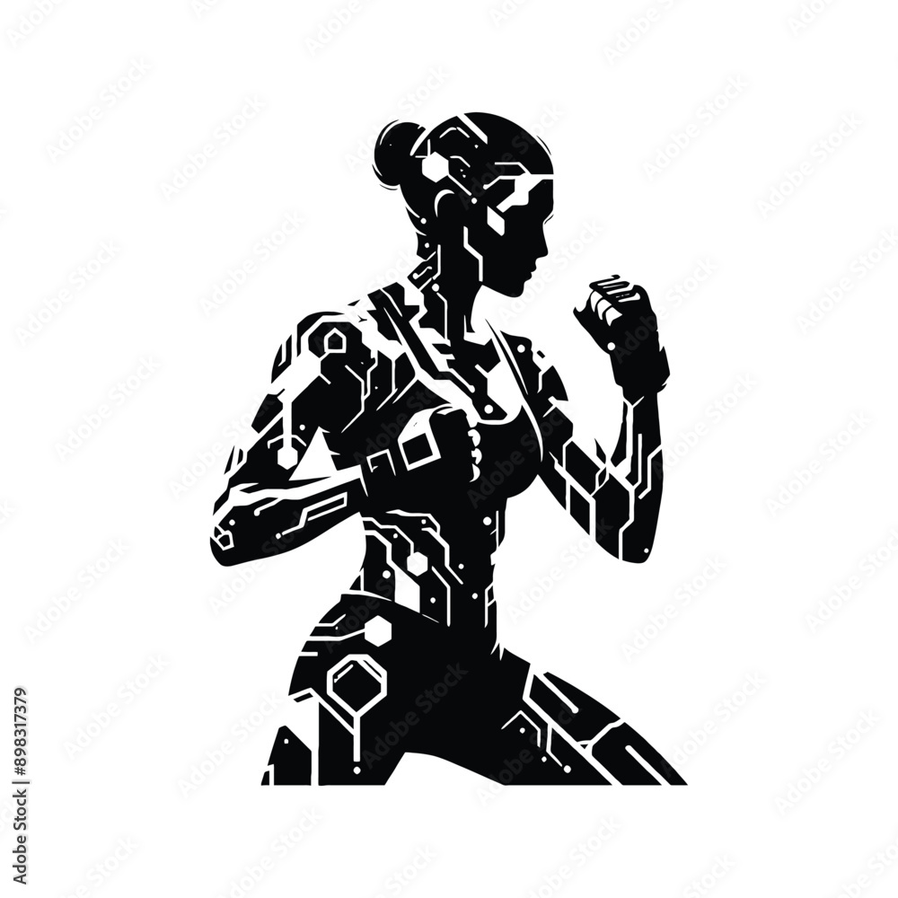 Obraz premium mma, mix martial art female player in cyberpunk pattern illustration, emblem shield badge