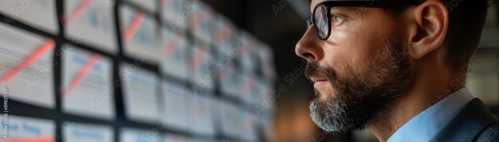 Obraz premium A thoughtful man in glasses analyzing data on a board, representing inspiration, focus, and business strategy.